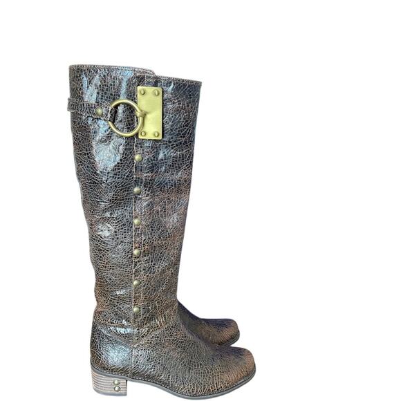 Stuart Weitzman Brown Leather Tall Boots Brass Ring - Picture 1 of 12